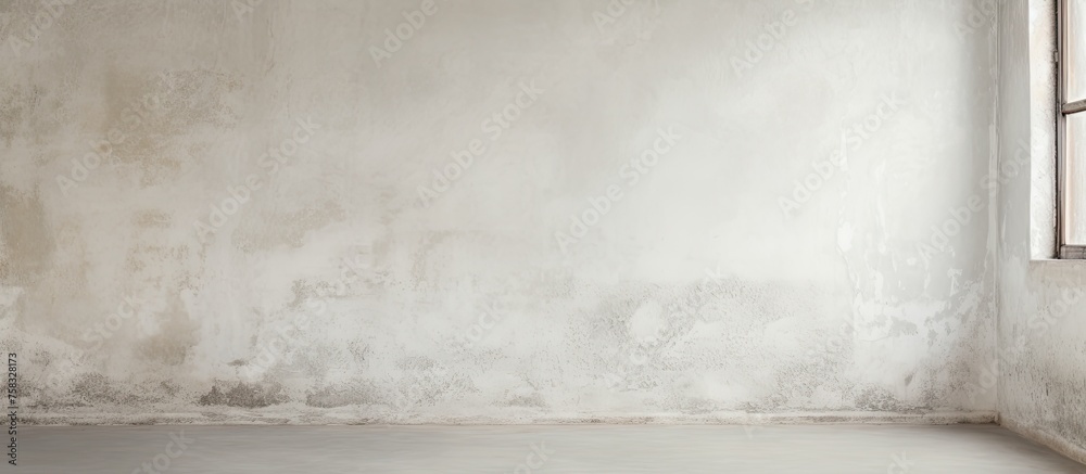 The empty room features a cumulus cloud mural on the white wall, with a window offering a view of the ocean horizon. Wood flooring completes the peaceful rectangular space The empty room features a cumulus cloud mural on the white wall, with a window offering a view of the ocean horizon. Wood flooring completes the peaceful rectangular space