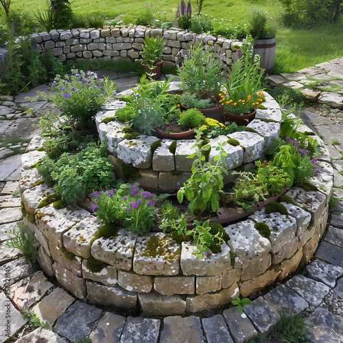 Raised bed in descending spiral planted with herbs and flowers in the garden