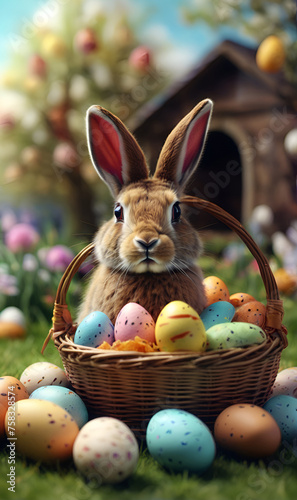 Easter  Easter eggs in a basket  a jolly hare carrying them.