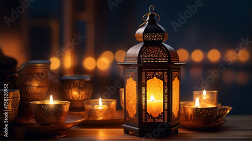 Eid Mubarak Ramadan candle lantern on wooden table. Islamic home decor. Traditional Islamic design.  © triocean