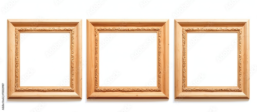 Three rectangular hardwood picture frames in a brown wood stain, showcasing a symmetrical pattern on a white background Three rectangular hardwood picture frames in a brown wood stain, showcasing a symmetrical pattern on a white background