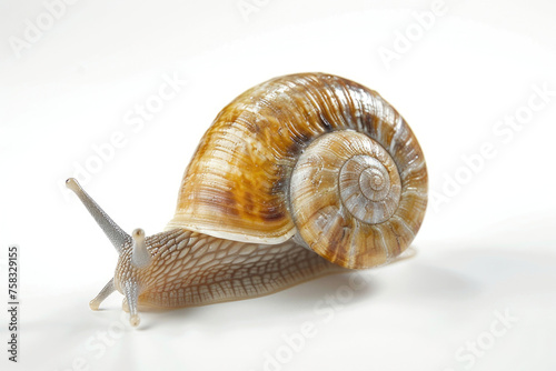 A close-up of a snail on a white surface. Perfect for educational materials