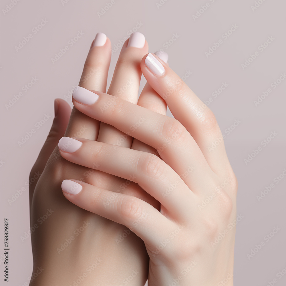 minimalist close-up of natural pink manicure on gray background minimalist close-up of natural pink manicure on gray background