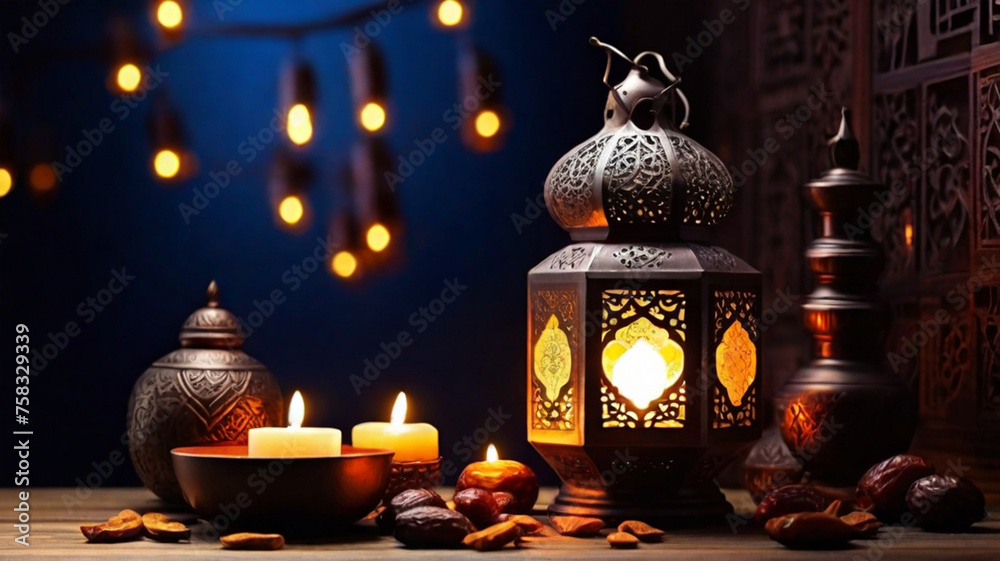 Eid Mubarak Ramadan candle lantern and bowl with dried date fruits on wooden table. Islamic home decor. Traditional Islamic design.	