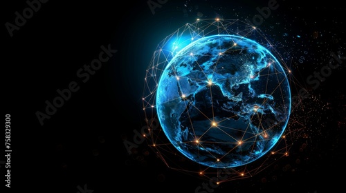 Futuristic digital globe with network connections and data streams across continents, symbolizing global communication, technology, and copyspace for business, internet, or worldwide connectivity