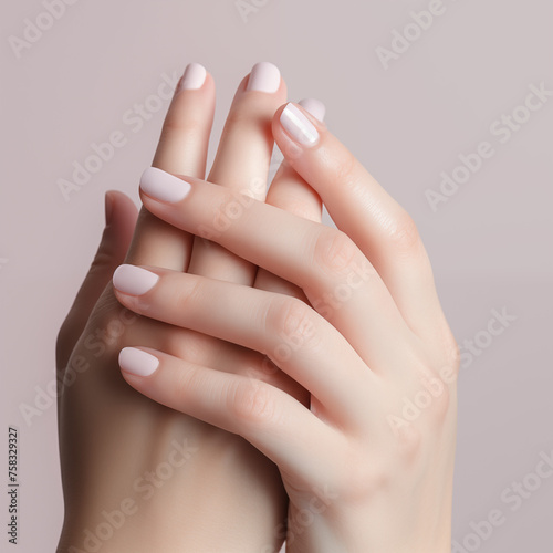 minimalist close-up of natural pink manicure on gray background