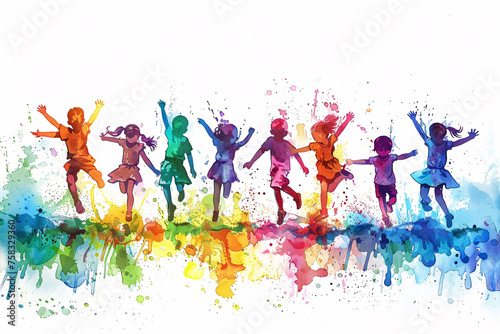 Silhouette of a row of children jumping with colorful paint splashes