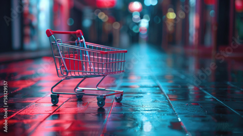A shopping cart on a wet sidewalk, suitable for retail concepts