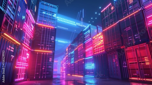 Futuristic digital cargo containers glowing in neon lights, high-tech shipping logistics network. Modern technology illustration banner with copy space, transportation industry, global trade concept photo