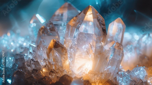 Detailed macro shot of a clear quartz crystal against a backdrop of a softly glowing Reiki session room, highlighting the stone's purity and its role in amplifying healing energy