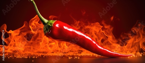 A Birds eye chili, also known as Chile de rbol, sits on a table surrounded by flames, showcasing its heat as a spicy ingredient in food photo