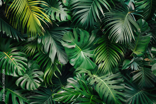 Vibrant green tropical leaves displayed on a wall. Perfect for nature or tropical themed designs photo