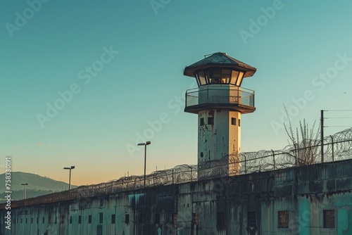 Within the prison grounds, a solitary guard watchtower stands as a sentinel overlooking the area, copy space photo