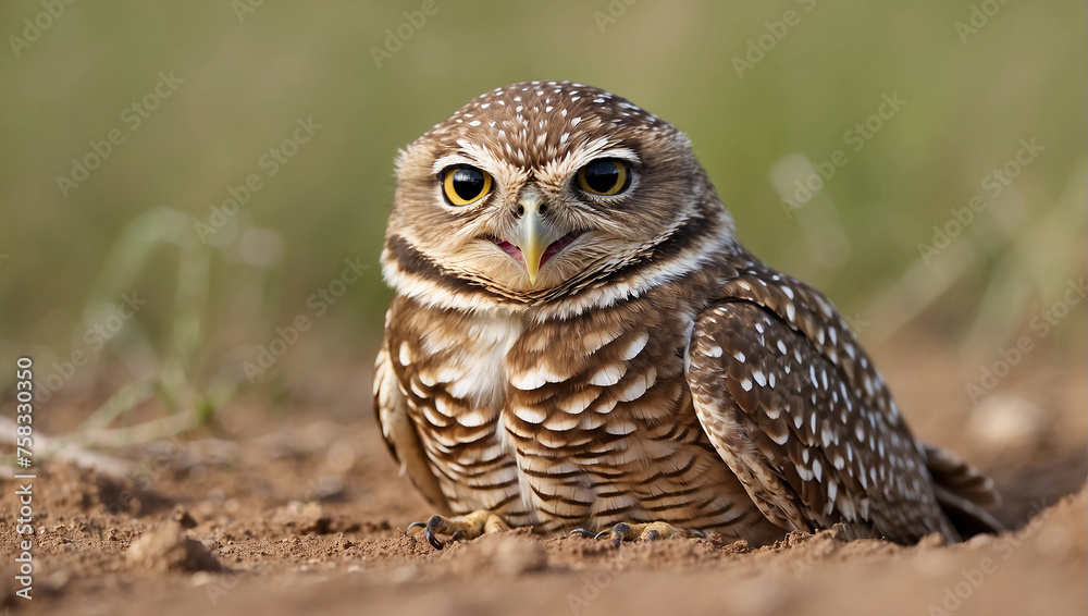 An owl with large yellow eyes is staring at the camera.