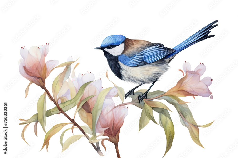 branch bird watercolor drawn eucalyptus fairy watercolor hand bird illustration fairy australian eucalyptus white branch realistic native wren background wren perched flowers