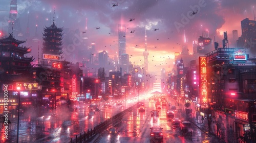 Futuristic cityscape with purple lights, reflecting on water under a violet sky © yuchen
