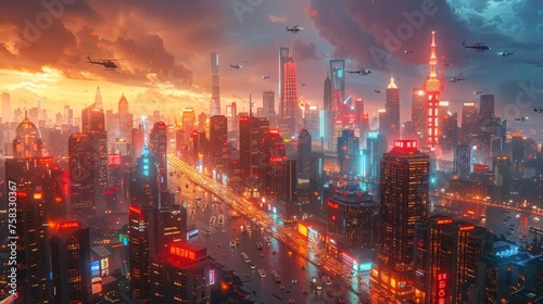 Futuristic city at night with helicopters flying over skyscrapers