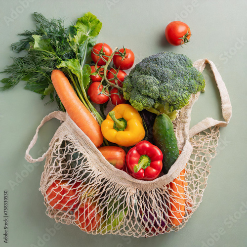 Frisches Gemüse in einer offenen Netzeinkaufstüte über einem hellen, pastellfarbenen Hintergrund