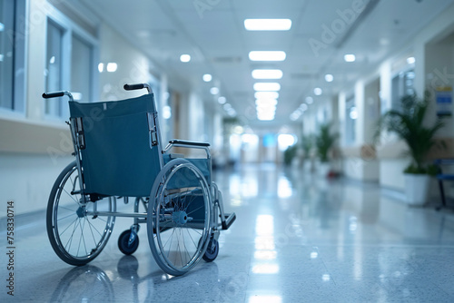Empty wheelchair in a bright hospital corridor with blue seats