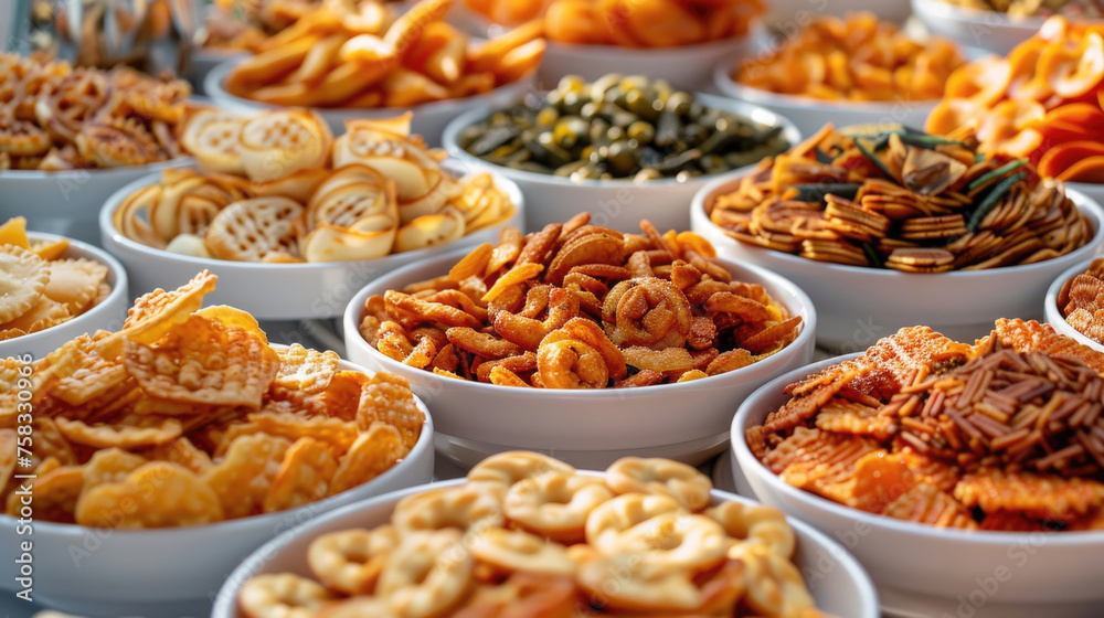 A variety of snacks displayed on a table. Ideal for food and beverage concepts