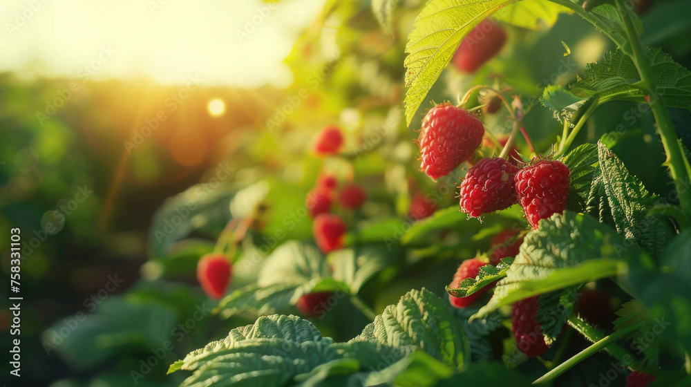 Fresh raspberries growing in a field, ideal for food and agriculture concepts - obrazy, fototapety, plakaty 