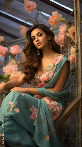  Stylish Indian woman on a floral background © Spyrydon