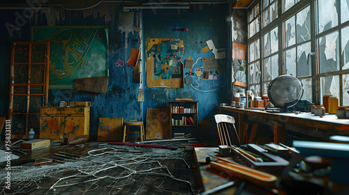 Sanctuaire artistique en déclin : Un atelier de peinture abandonné, enveloppé de toiles d'araignée et de poussière, révèle les vestiges d'un passé créatif.
