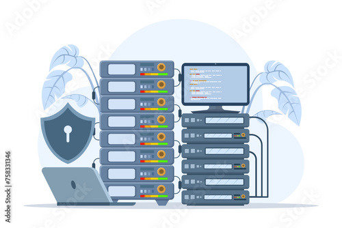 database security concept, phishing, hacker attack, hackers stealing personal data, using Cyber Security Services to Protect Personal Data. Database security, vector flat design illustration.