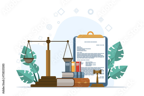 Legal advice concept and consultation. Law and justice scene. lawyer consultant client, judge knocks with wooden gavel. Consideration. Flat vector illustration on white background.