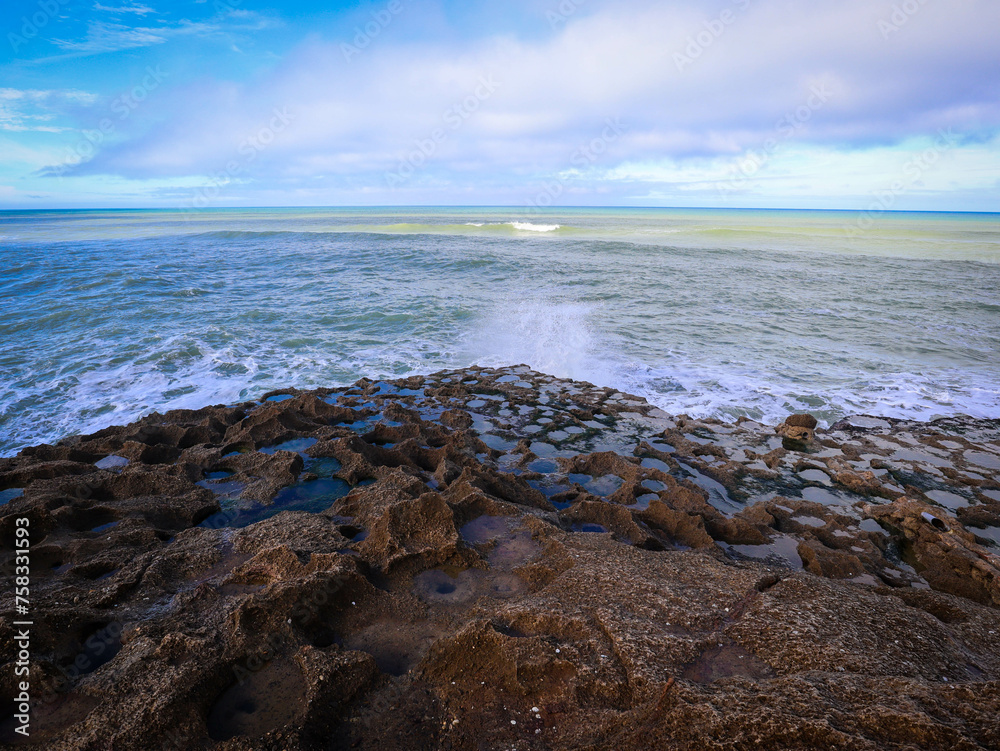 panoramic view of a rocky beach of Atlantic ocean in Tangier Morocco panoramic view of a rocky beach of Atlantic ocean in Tangier Morocco