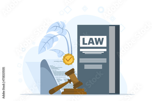 Legal advice concept and consultation. Law and justice scene. lawyer consultant client, judge knocks with wooden gavel. Consideration. Flat vector illustration on white background.