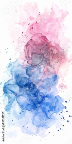 Ethereal watercolor blend with delicate pink and deep blue tones swirling over a pristine white background.