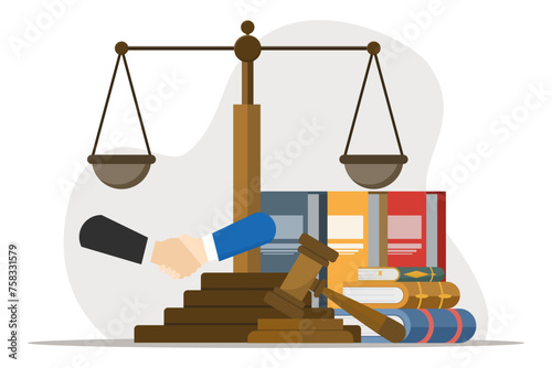 Legal advice concept and consultation. Law and justice scene. lawyer consultant client, judge knocks with wooden gavel. Consideration. Flat vector illustration on white background.