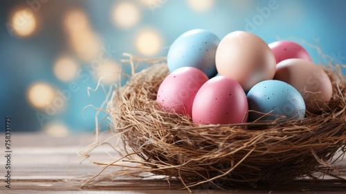 Easter holiday celebration background with colorful eggs and spring flowers for festive season decor