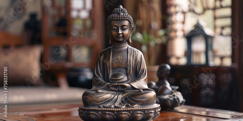 A serene Buddha statue sitting on a table. Suitable for spiritual and meditation concepts