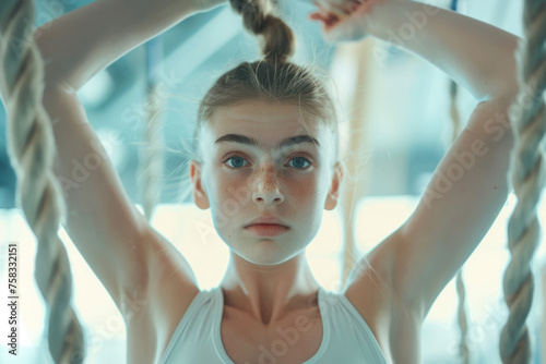 A young woman hanging upside down on a rope. Suitable for fitness and acrobatics concepts