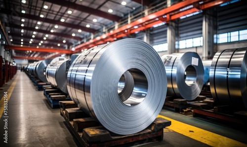 Large rolls of galvanized metal in the factory