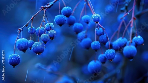 a bunch of blue berries hanging from a tree branch with drops of water on them and drops of water on the berries. photo