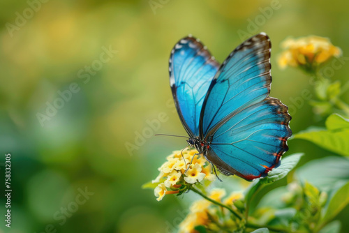 Beautiful blue butterfly perched on vibrant yellow flower. Perfect for nature and spring-themed designs