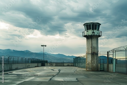 A solitary guard watchtower stands tall within the confines of the prison complex photo