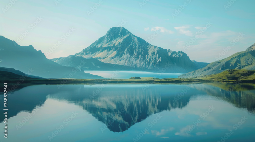 Scenic view of a lake with a majestic mountain in the background. Ideal for travel and nature concepts
