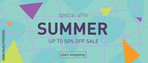 Summer Poster in Retro Style of Blue, Orange Colors. Abstract Background Geometric Figure for Advertising, Web, Social Media, Banner, Cover. Special 3d Offer 50%. Vector Illustration