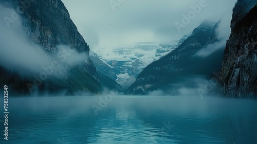 a body of water with a mountain in the background and fog hanging over the water and mountains in the distance. © Olga