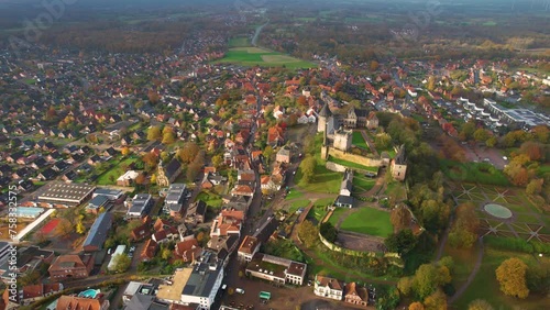 Aerial view of the old town and castle Bad Bentheim in Germany on a cloudy noon in autumn photo