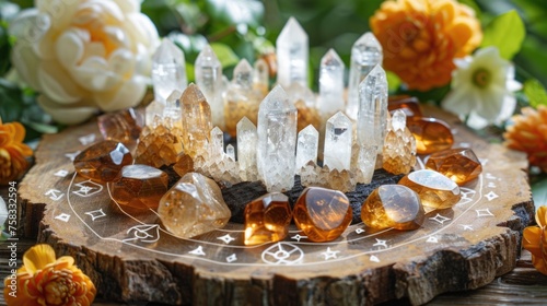 Detailed view of a Reiki crystal grid setup on a wooden table, designed to attract abundance and protect against negative energy during a healing session