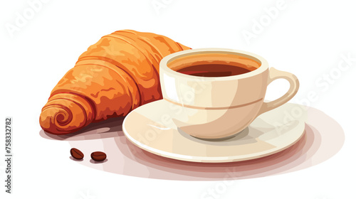 Flat icon A steaming cup of coffee with a croissant