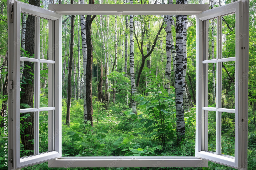 A view of a forest through an open window. Suitable for nature concepts A view of a forest through an open window. Suitable for nature concepts