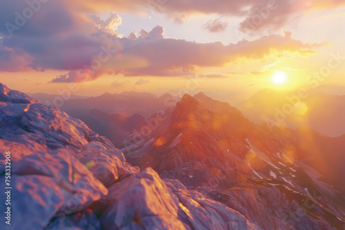 Beautiful sunset over a majestic mountain range, perfect for travel and nature themes