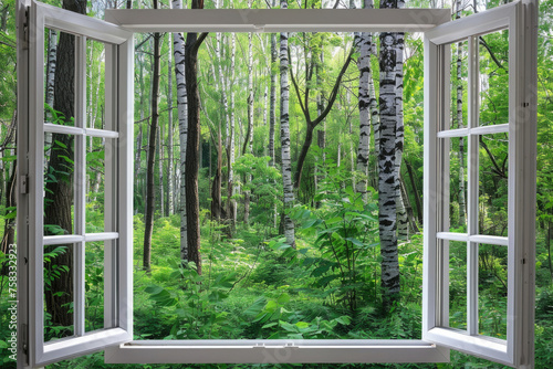 A view of a forest through an open window. Suitable for nature concepts
