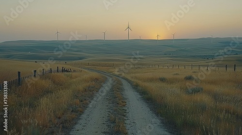 a dirt road in the middle of a field with windmills on a hill in the background and a fence in the foreground. photo